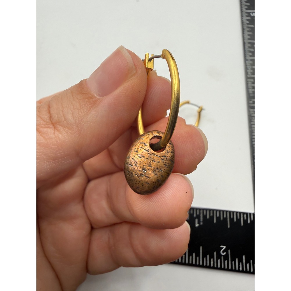 Mixed Metal Gold Tone Hoop Earrings with Textured Copper‎ Tone Pebble Charms